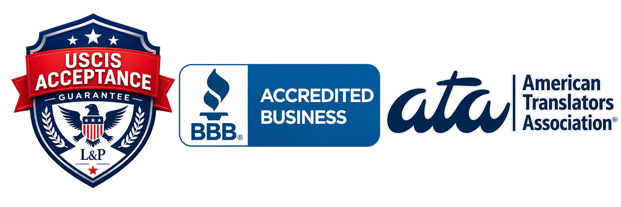 USCIS Acceptance Guarantee, BBB Accredited Business y American Translators Association